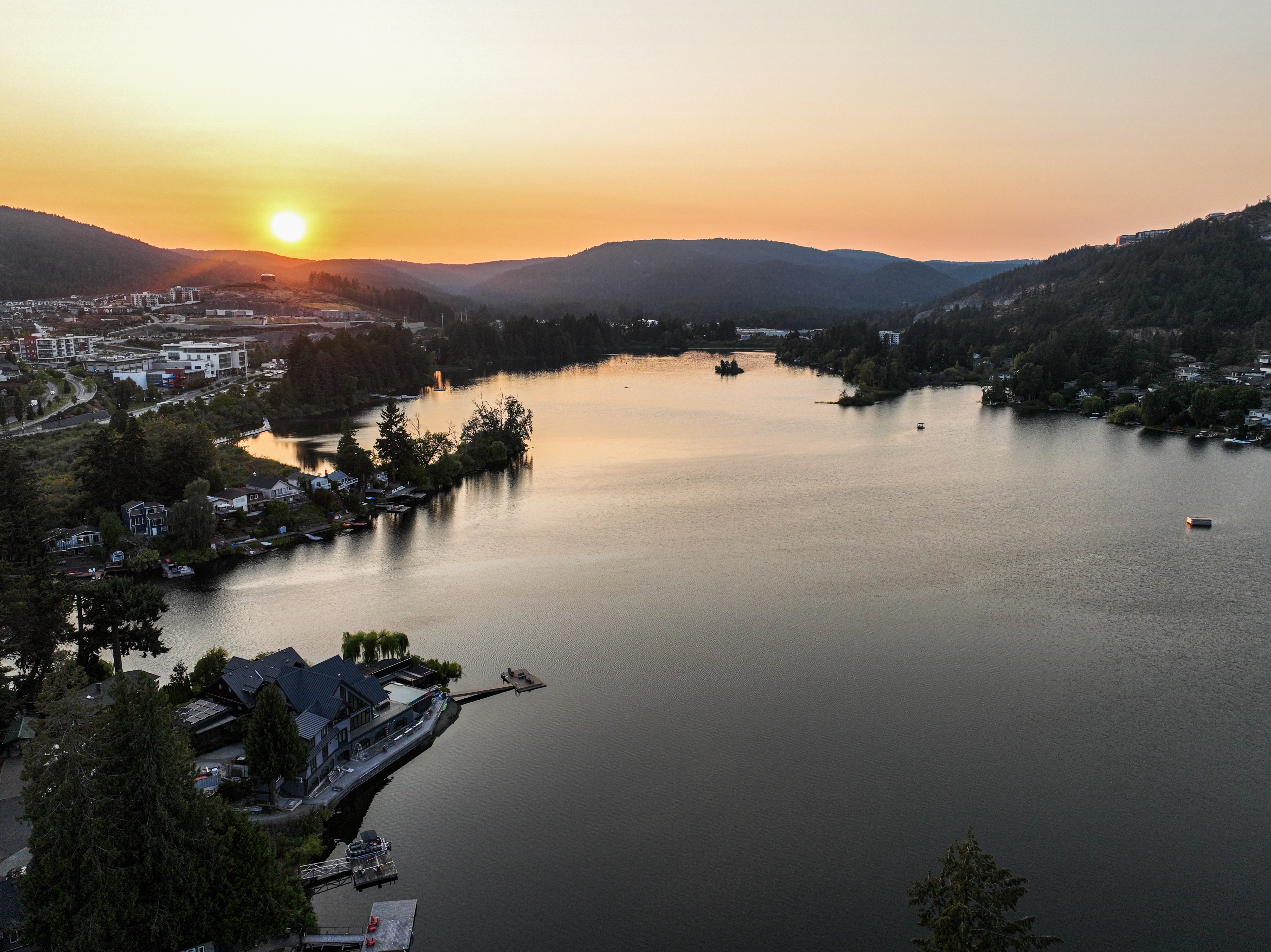Sunset view over Langford Lake and the surrounding town